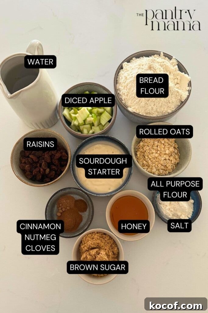 Flat lay of ingredients necessary to make sourdough apple crisp loaf.