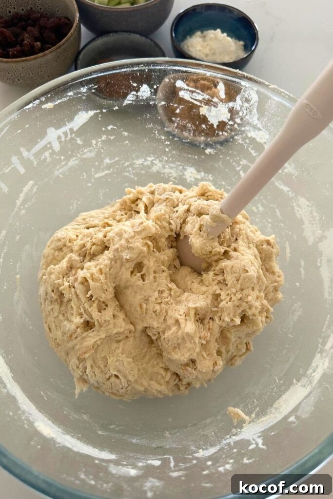 A bowl of sourdough where it has just been brought together into a dry dough with rolled oats.