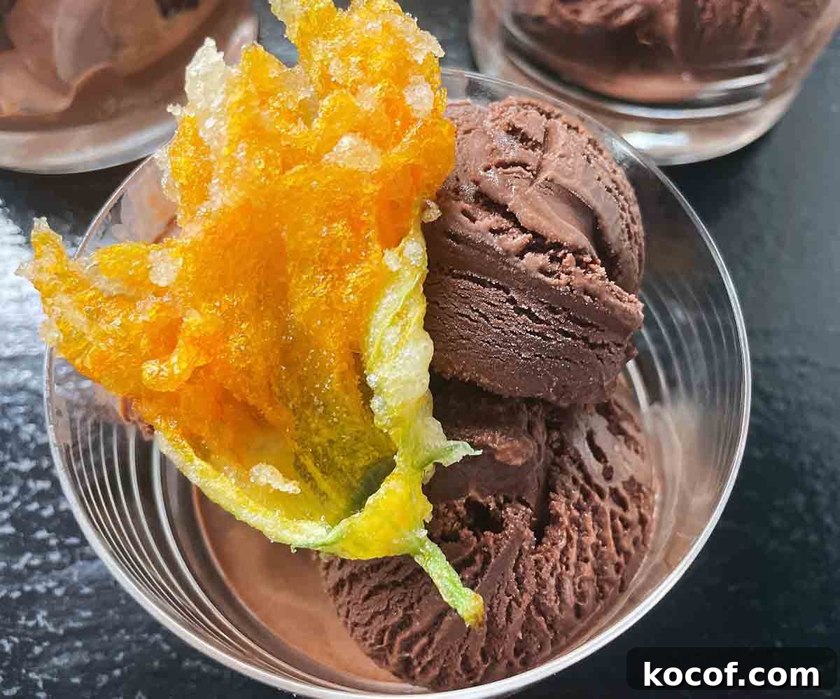 Decadent Dark Chocolate Gelato Recipe - Creamy Homemade Treat 6 3 bowls of dark chocolate gelato, the one in the forefront is garnished with a tempura fried zucchini blossom.
