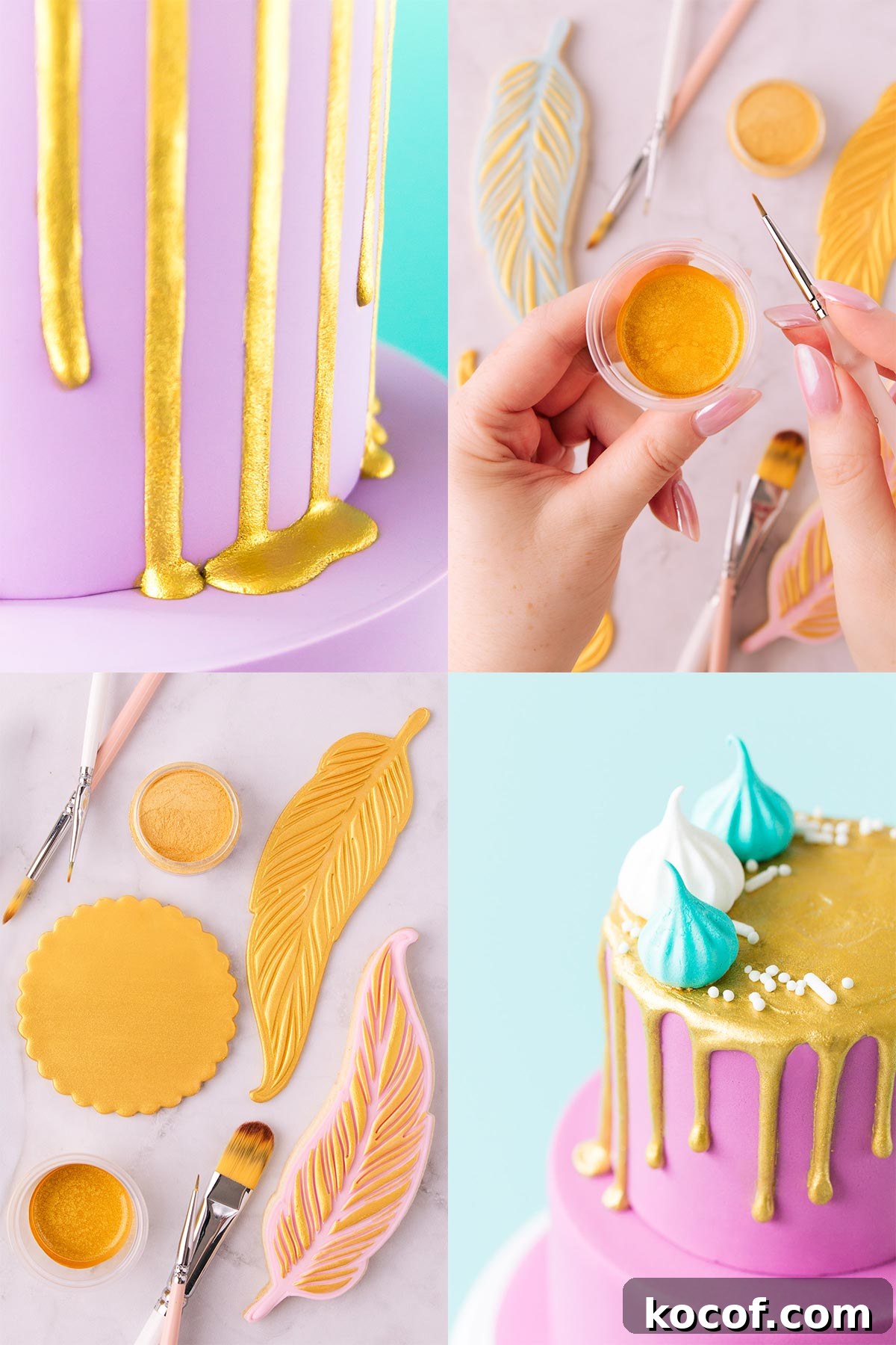 Make Edible Gold Paint at Home: A Step-by-Step Guide 3 Collage of four pictures - two showing gold painted drip cakes, one with a hand holding a small container of gold edible paint, and one showing various cookies painted with gold.