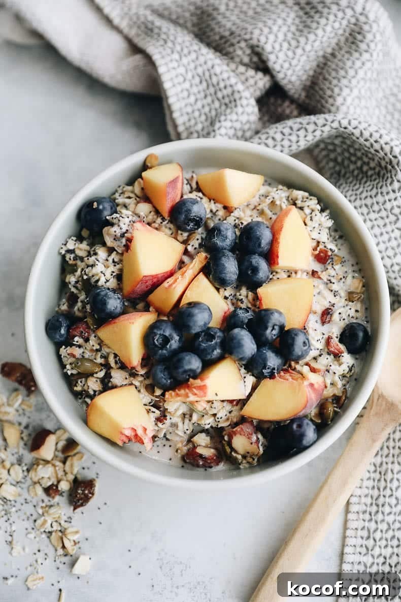 Muesli recipe with peaches and blueberries in a bowl