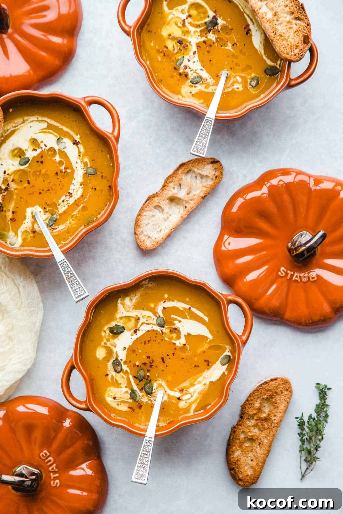 Creamy Autumn Pumpkin Soup Recipe for Cozy Dinners 3 3 Staub pumpkin cocottes with Vegan Pumpkin Soup and toasted bread