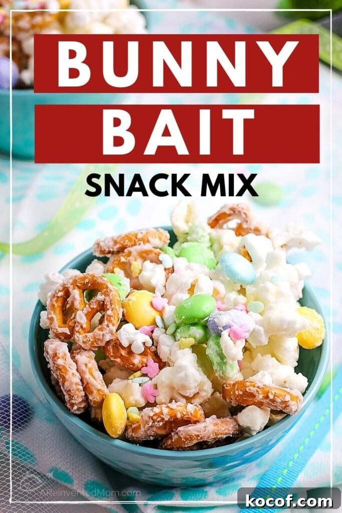 Bunny Bait Easter Snack Mix — No-Bake Party Treat 5 Blue bowl filled with popcorn, pretzels and candies with Bunny Bait Snack Mix graphic overlay.