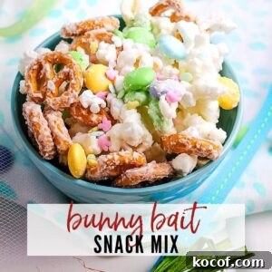 Bunny Bait Easter Snack Mix — No-Bake Party Treat 7 Closeup view of a blue bowl filled with Bunny Bait snack mix with text overlay.