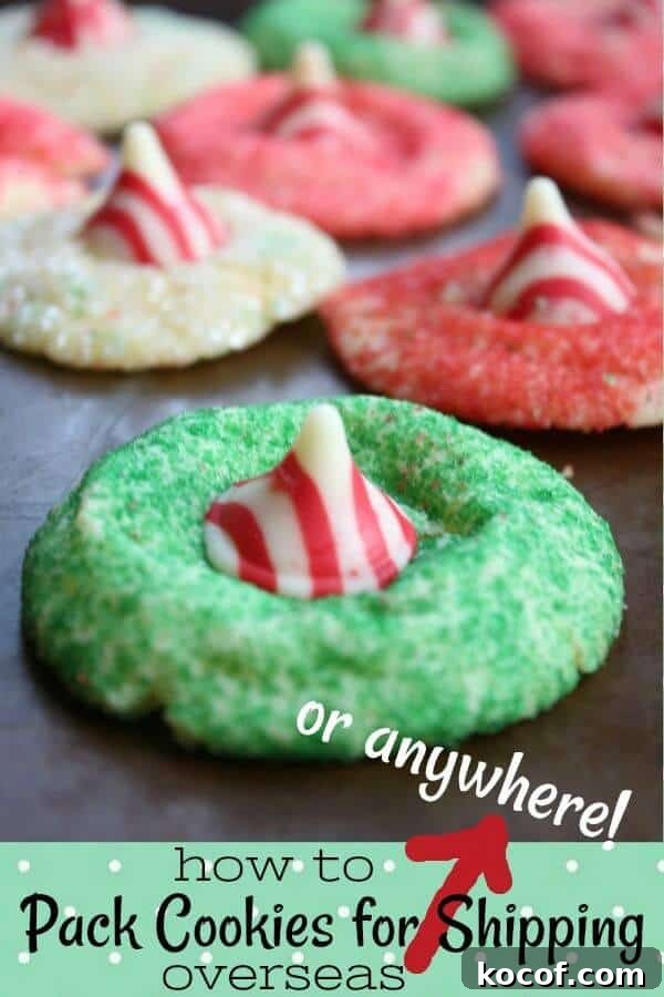 Shipping cookies title image of red and green sprinkled cookies with a white chocolate kiss in the center