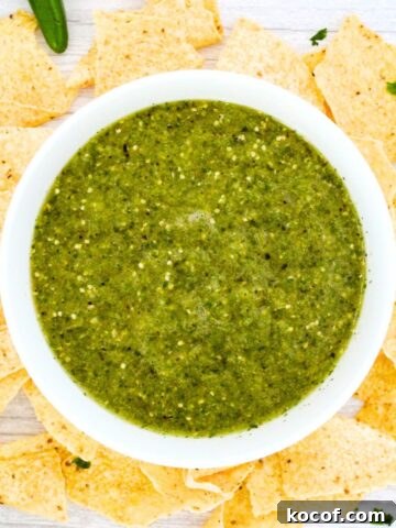 Top down view of a bowl of tomatillo sauce surrounded by nachos.