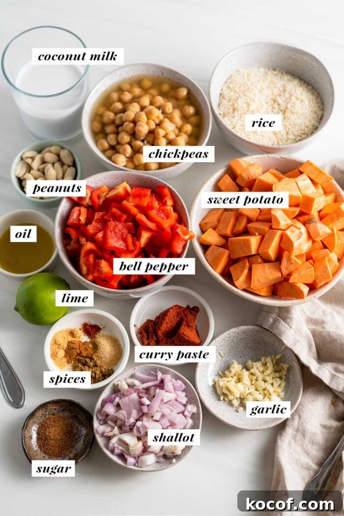 Visual of all ingredients needed for making a sweet potato chickpea curry.