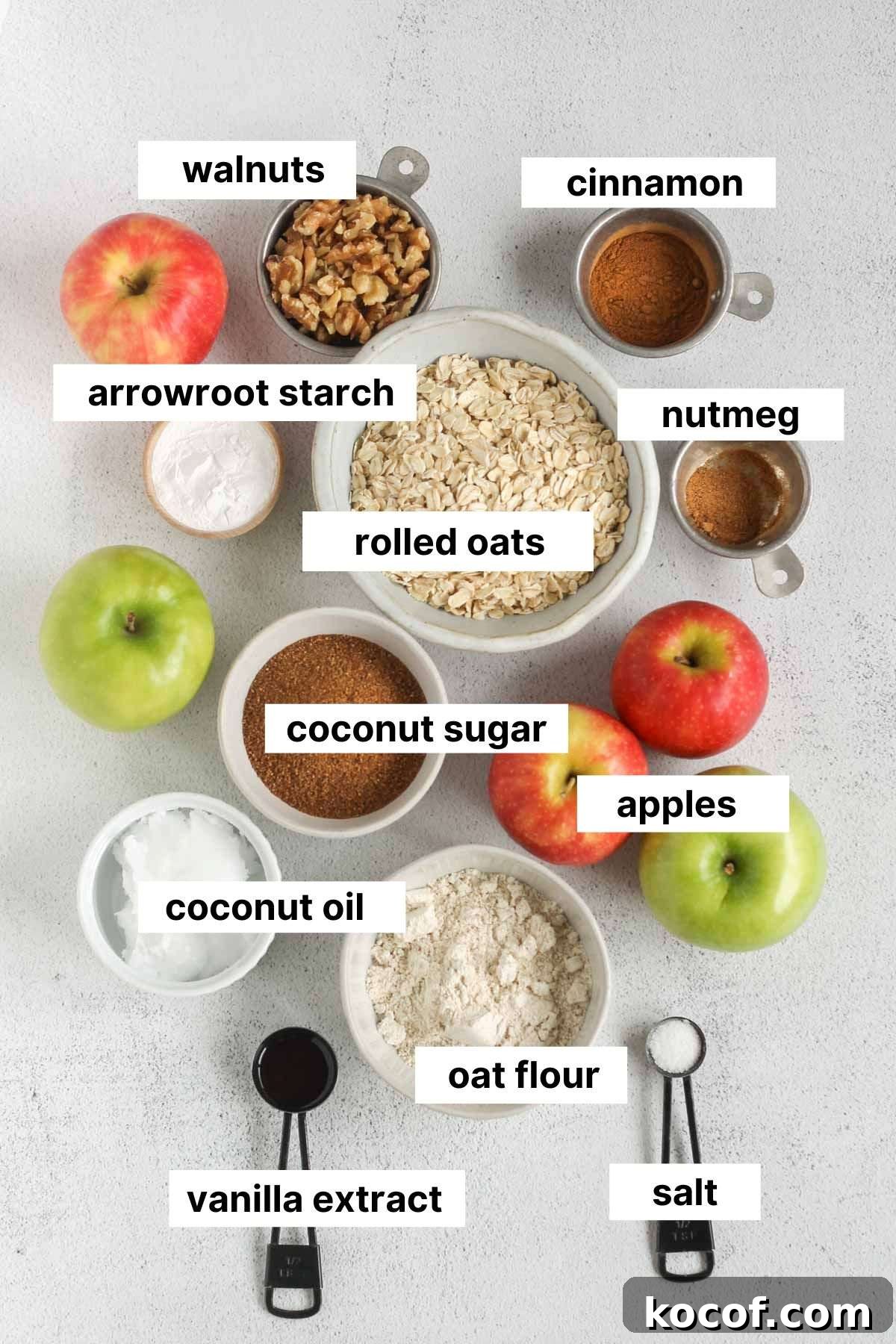Labeled ingredients for healthy apple crisp.