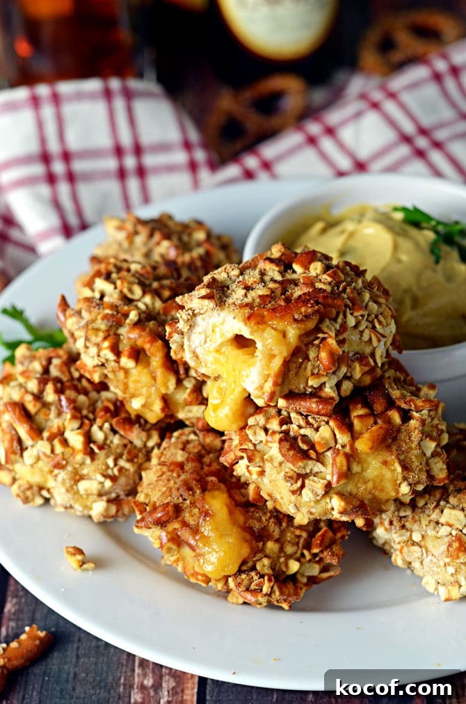 Pretzel-Crusted Chicken Nuggets Stuffed with Beer Cheese Dip 2 Pretzel-Crusted Chicken Nuggets Stuffed with Beer Cheese. These make the perfect Super Bowl appetizer or party treat. Grown-up chicken nuggets that make your taste buds smile. | hostthetoast.com
