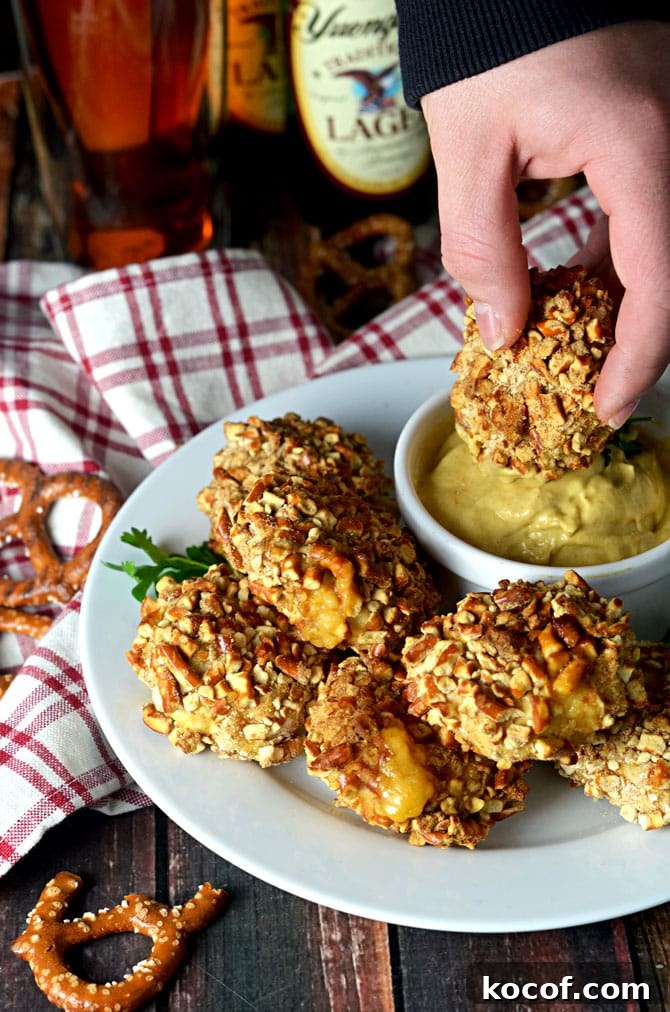 Pretzel-Crusted Chicken Nuggets Stuffed with Beer Cheese Dip 3 Pretzel-Crusted Chicken Nuggets Stuffed with Beer Cheese. These make the perfect Super Bowl appetizer or party treat. Grown-up chicken nuggets that make your taste buds smile. | hostthetoast.com
