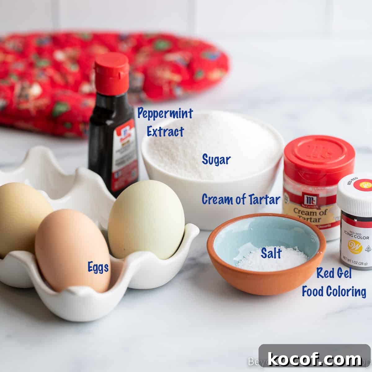 Eggs, sugar, peppermint and salt in small bowls.