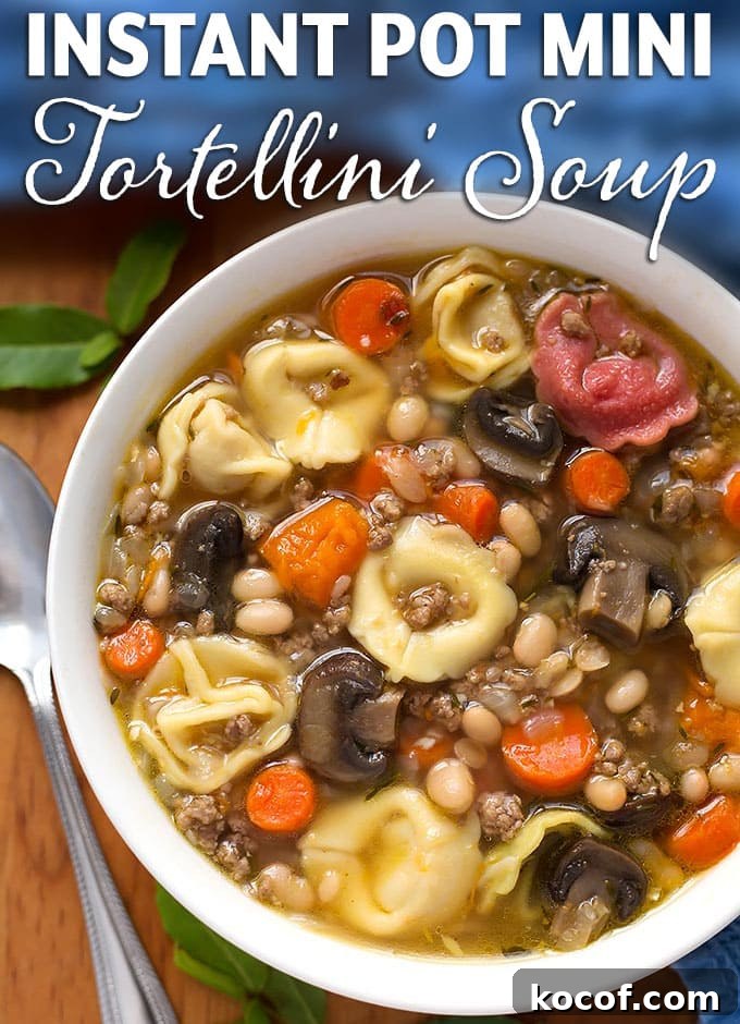 Instant Pot Mini Tortellini Soup is a delicious soup with sweet potatoes, beans, mushrooms, and more! Make this pressure cooker tortellini soup in your 3 quart size electric pressure cooker. simplyhappyfoodie.com #instantpot3quart #instantpotsoup