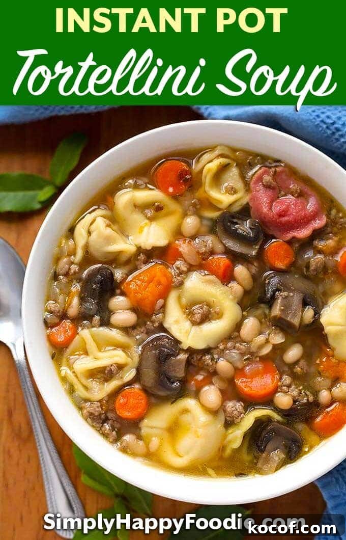 Instant Pot Tortellini Soup is a delicious soup with sweet potatoes, beans, mushrooms, and more! Make this pressure cooker tortellini soup in your 3 quart or 6 qt electric pressure cooker. Instant Pot recipes by simplyhappyfoodie.com #instantpot3quart #instantpotsoup