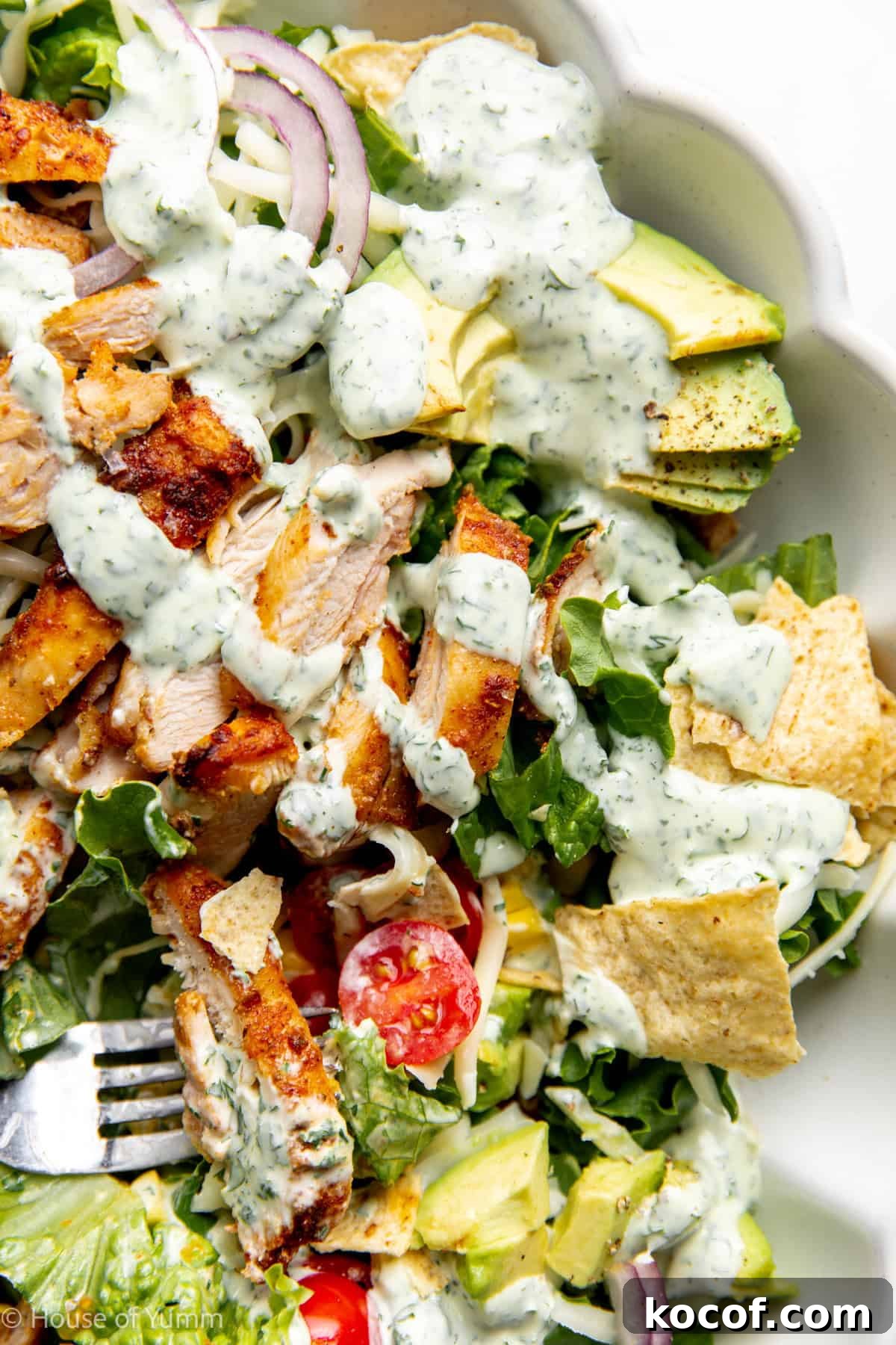Up close view of dressed chicken taco salad.
