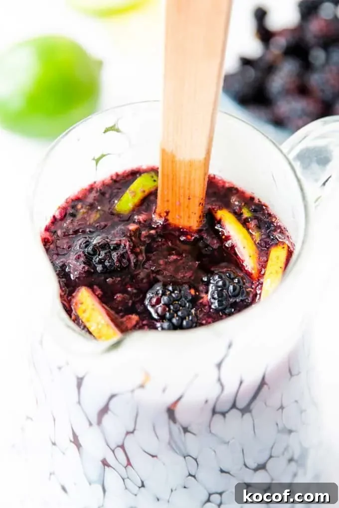 Blackberry Sangria with Blackberry Brandy: Simple Refreshing Recipe 3 blackberry sangria in an etched white pitcher
