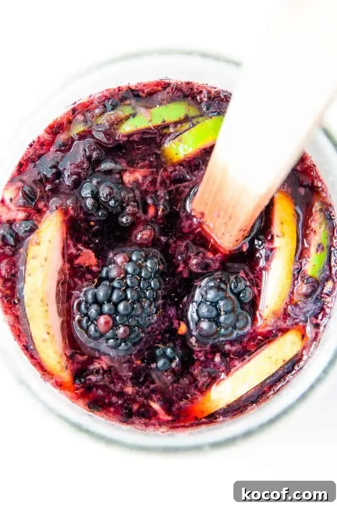 Blackberry Sangria with Blackberry Brandy: Simple Refreshing Recipe 4 overhead view of pitcher of blackberry sangria
