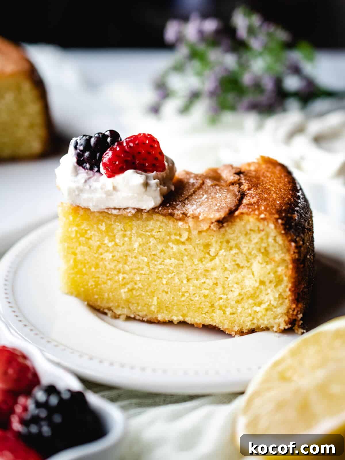 A beautiful slice of lemon olive oil cake.