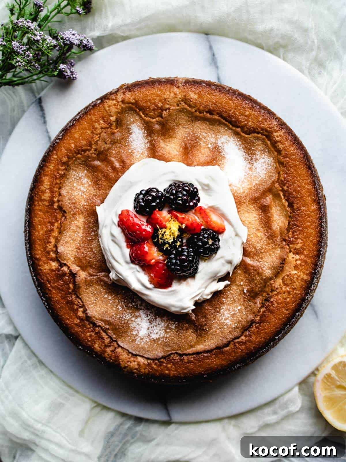 Beautiful lemon olive oil cake with whipped mascarpone and berries.