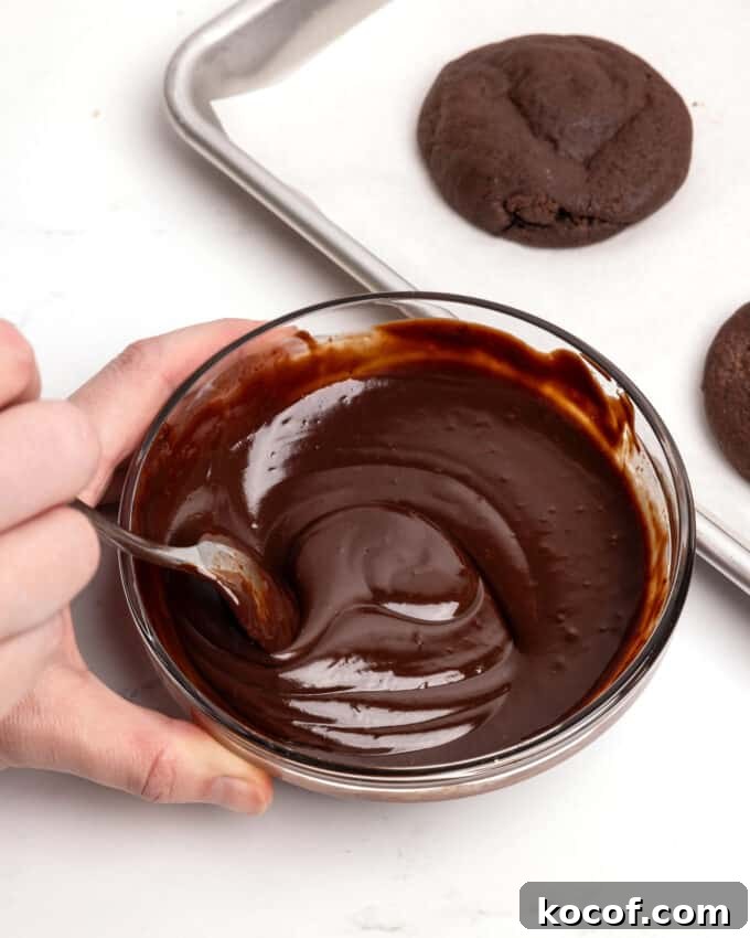 Fudgy Peppermint Brownie Cookie Recipe 10 stirring chocolate ganache