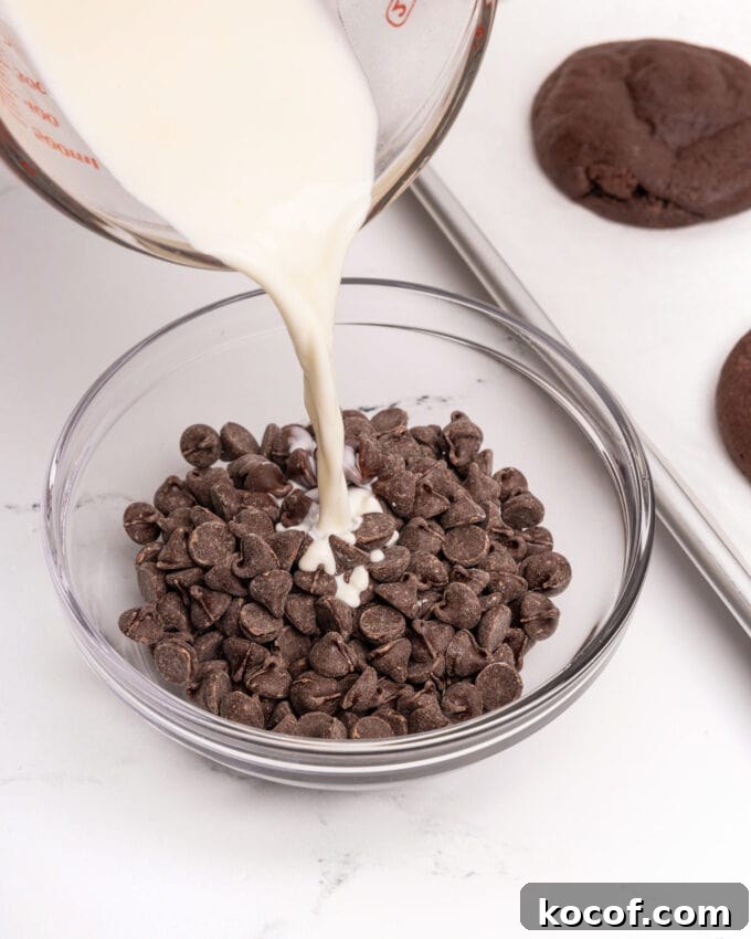 Fudgy Peppermint Brownie Cookie Recipe 9 pouring heavy cream over chocolate chips