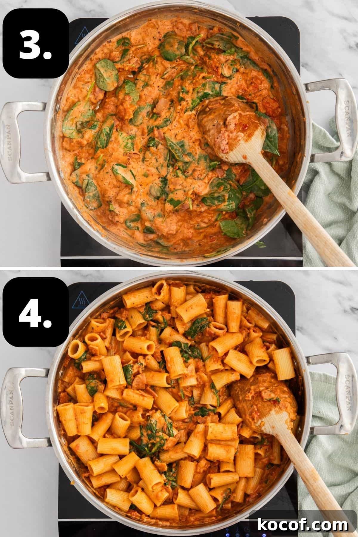Creamy Bacon & Tomato Pasta Recipe for Busy Weeknights 6 Steps 3-4 of preparing this recipe: stirring the through cream and spinach and then adding the pasta to the sauce.