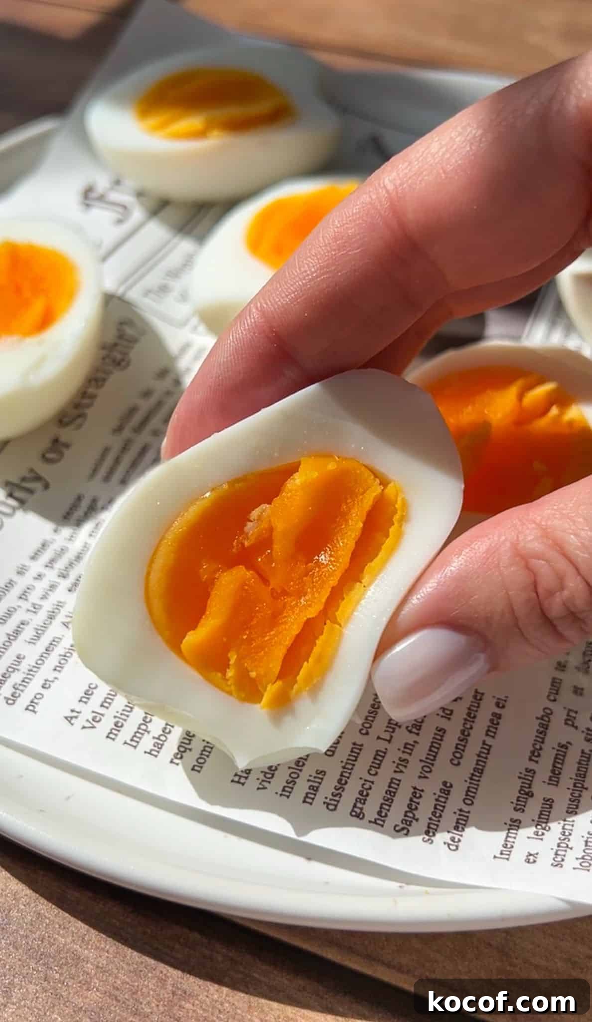 Perfect Hard-Boiled Eggs in the Air Fryer: Quick Guide 2 A hand holding half of a soft-boiled egg with a bright orange yolk; other halved eggs are on a plate lined with newspaper print.