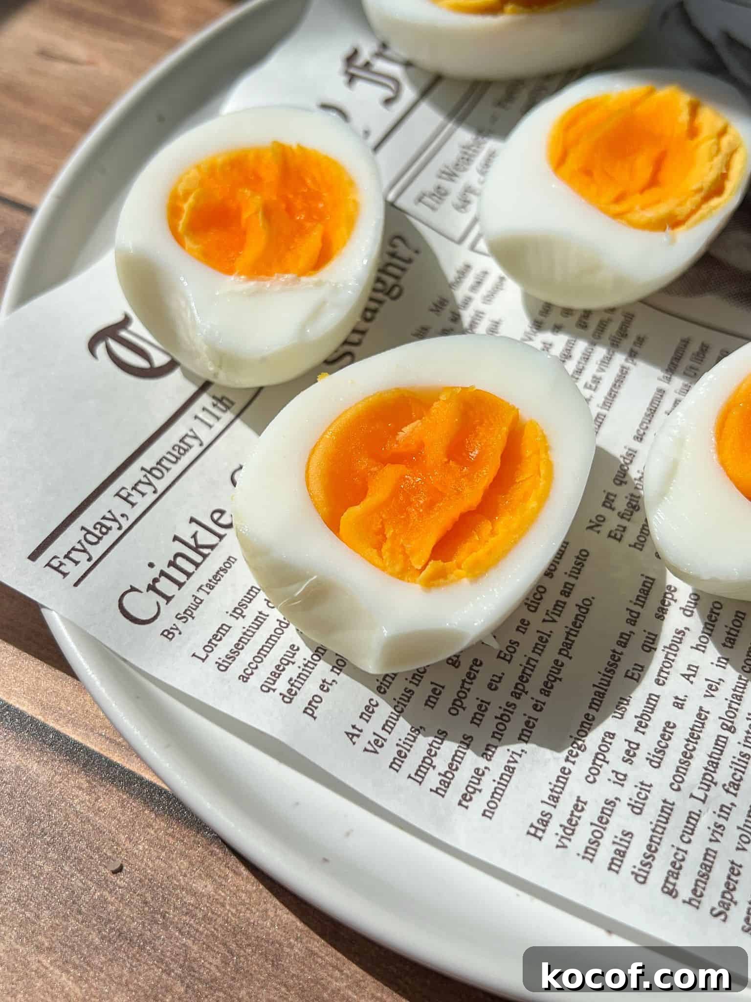 Perfect Hard-Boiled Eggs in the Air Fryer: Quick Guide 3 Close-up of halved soft-boiled eggs with bright orange yolks on a white plate lined with a newspaper-style paper, sitting on a wooden surface.