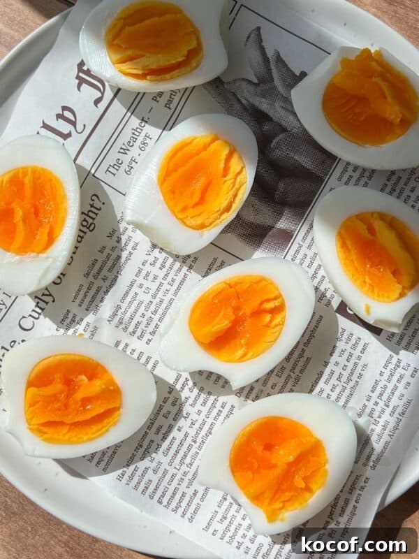 Perfect Hard-Boiled Eggs in the Air Fryer: Quick Guide 10 Several hard-boiled eggs, sliced in half to reveal their bright orange yolks, are arranged on a white plate lined with a sheet of newspaper.