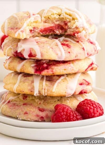 Lemon Raspberry cookies in a stack, showing the raspberry berries throughout.