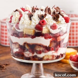 Decadent Raspberry Trifle Recipe with Layers of Cream and Cake 18 Front close up of Raspberry Trifle.