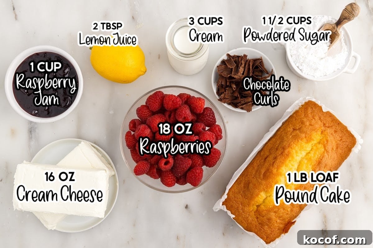 Decadent Raspberry Trifle Recipe with Layers of Cream and Cake 3 Ingredients needed to make Raspberry Trifle with text overlay.