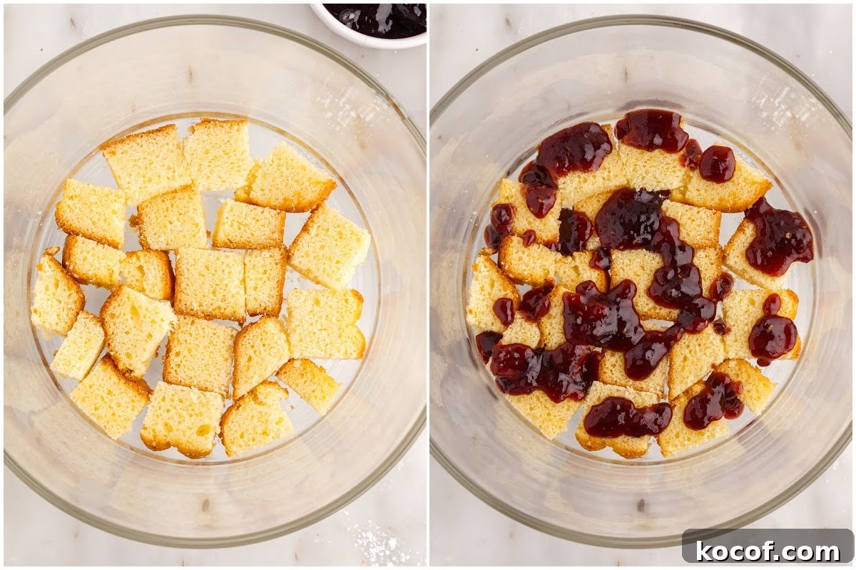 Decadent Raspberry Trifle Recipe with Layers of Cream and Cake 7 Side by side images of angel food cake in a trifle dish and raspberry jam on top of the cake.