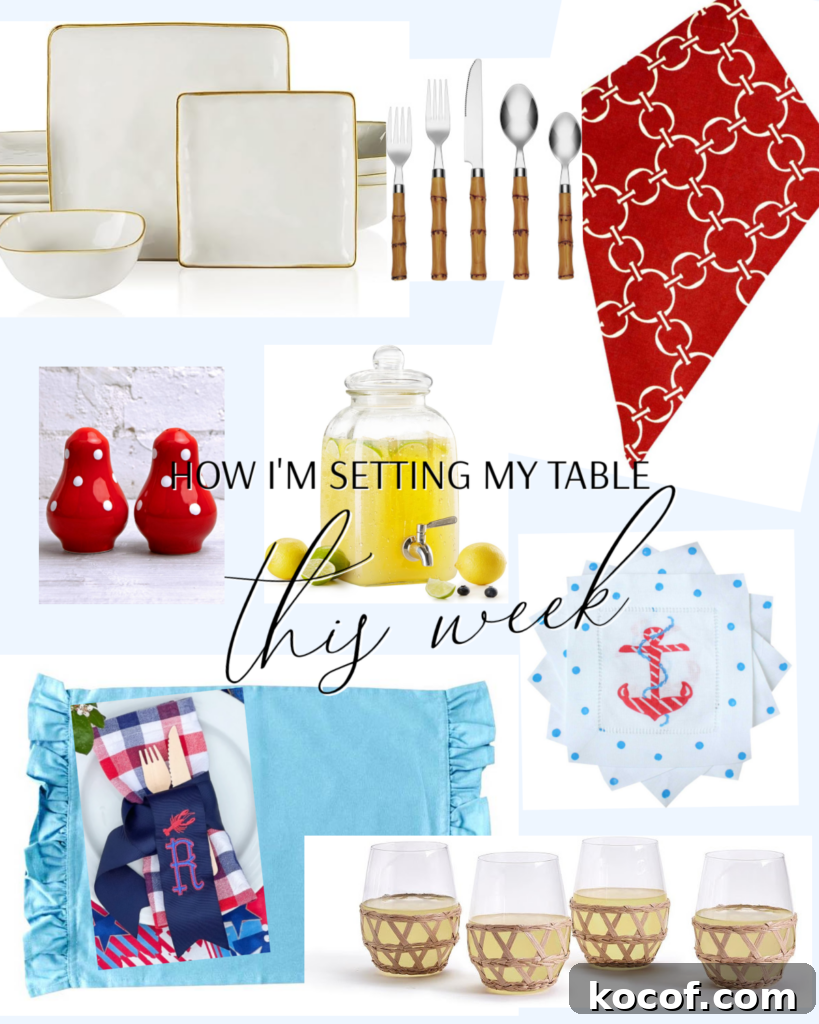 Plates. napkins, glasses and silverware showing how to set the table this week with products to purchase or inspire.