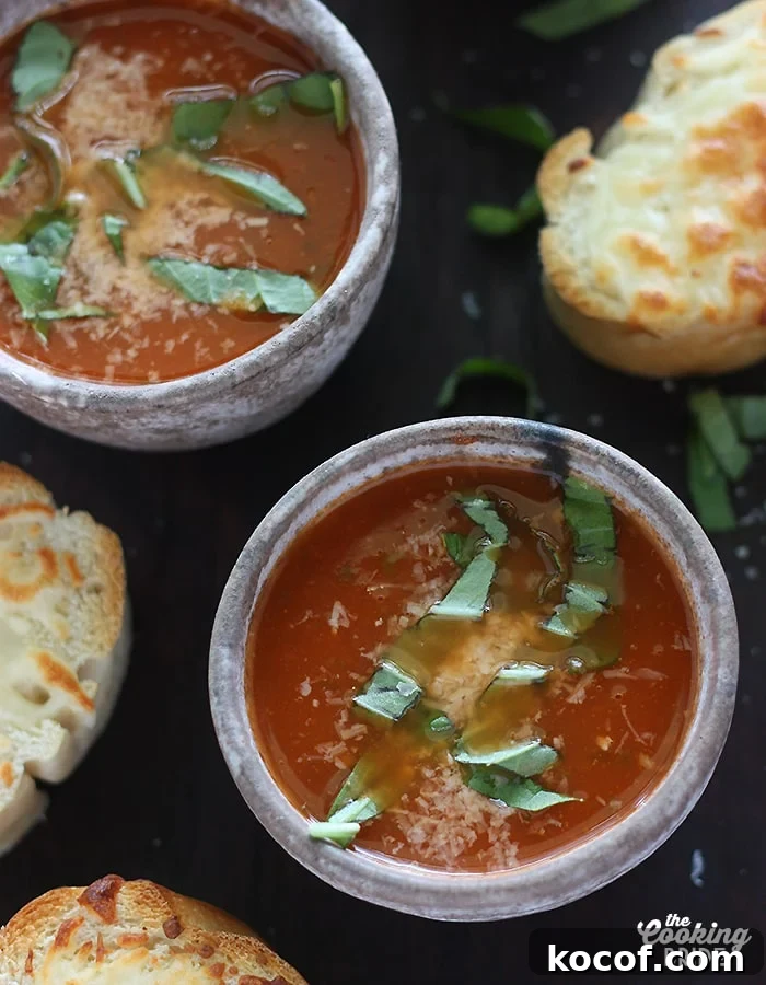 Classic and easy tomato basil soup is slowly simmered with diced tomatoes, onions, garlic, basil, and other fresh herbs. It's as healthy as it is tasty!