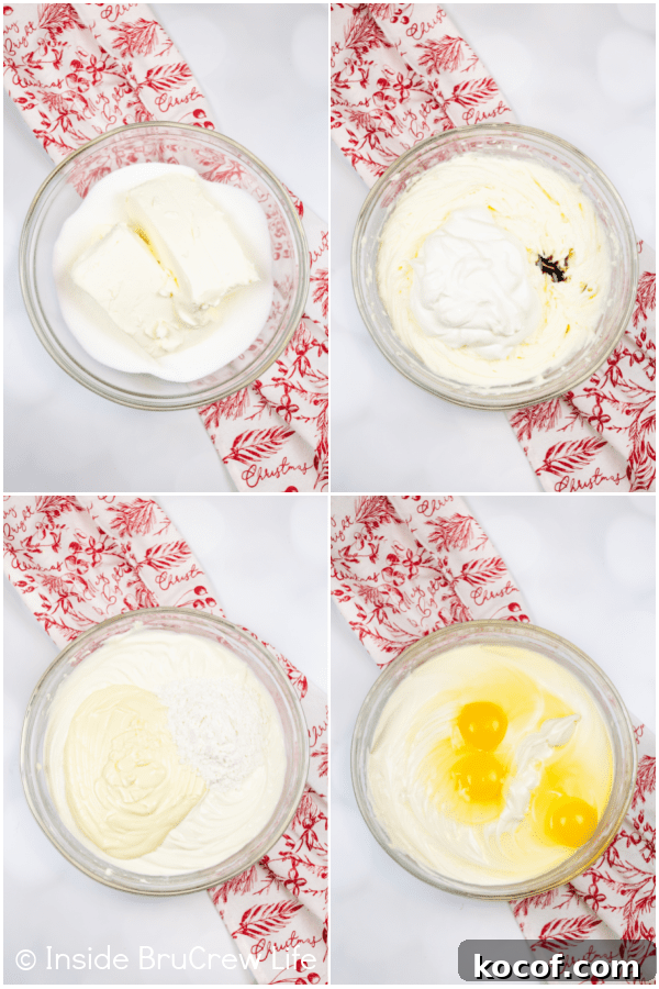 Four pictures collaged together showing how to make the batter for a white chocolate cheesecake.