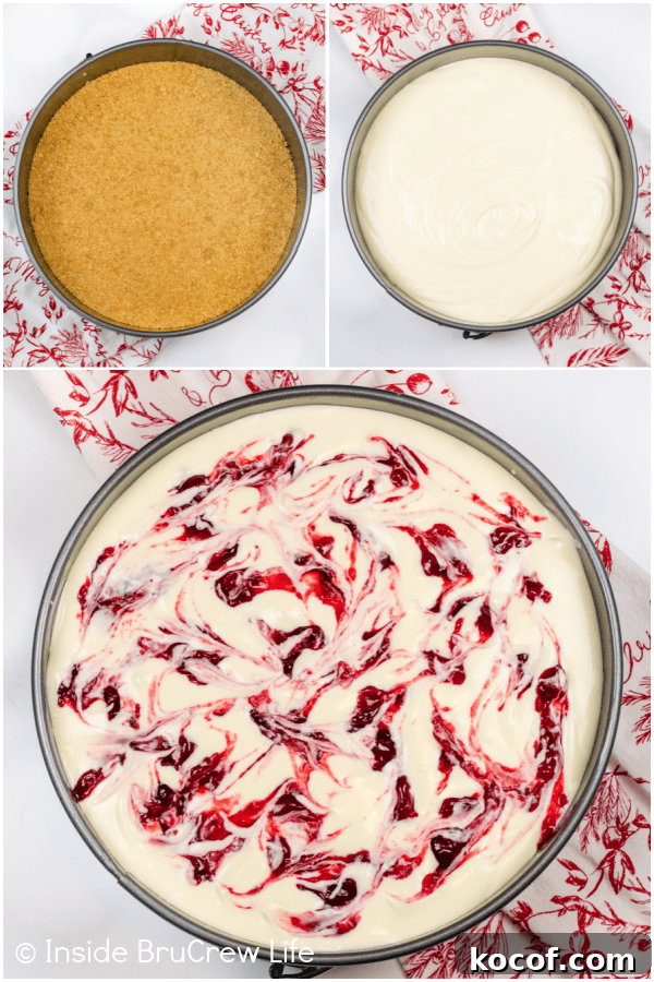 Three pictures collaged together showing how to make swirls in a cranberry cheesecake.