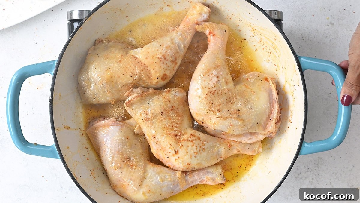 Honey Mustard One-Pan Chicken and Roasted Potatoes 6 searing chicken leg quarters in a casserole