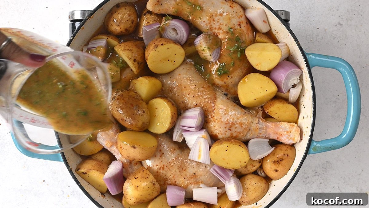 Honey Mustard One-Pan Chicken and Roasted Potatoes 8 drizzling chicken legs and potatoes with a honey mustard marinade