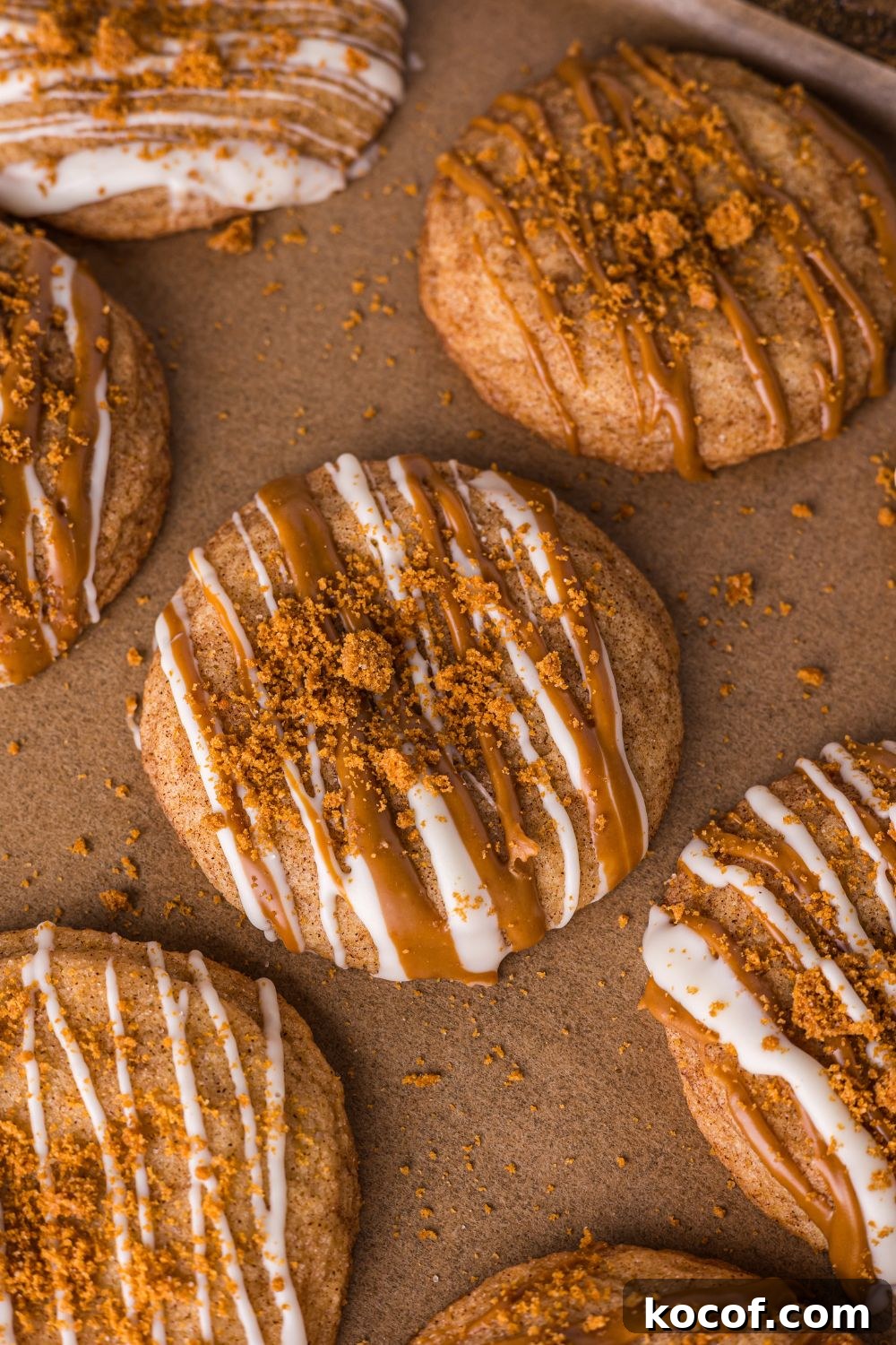 close up of Biscoff Snickerdoodle Cookies on a baking sheet 