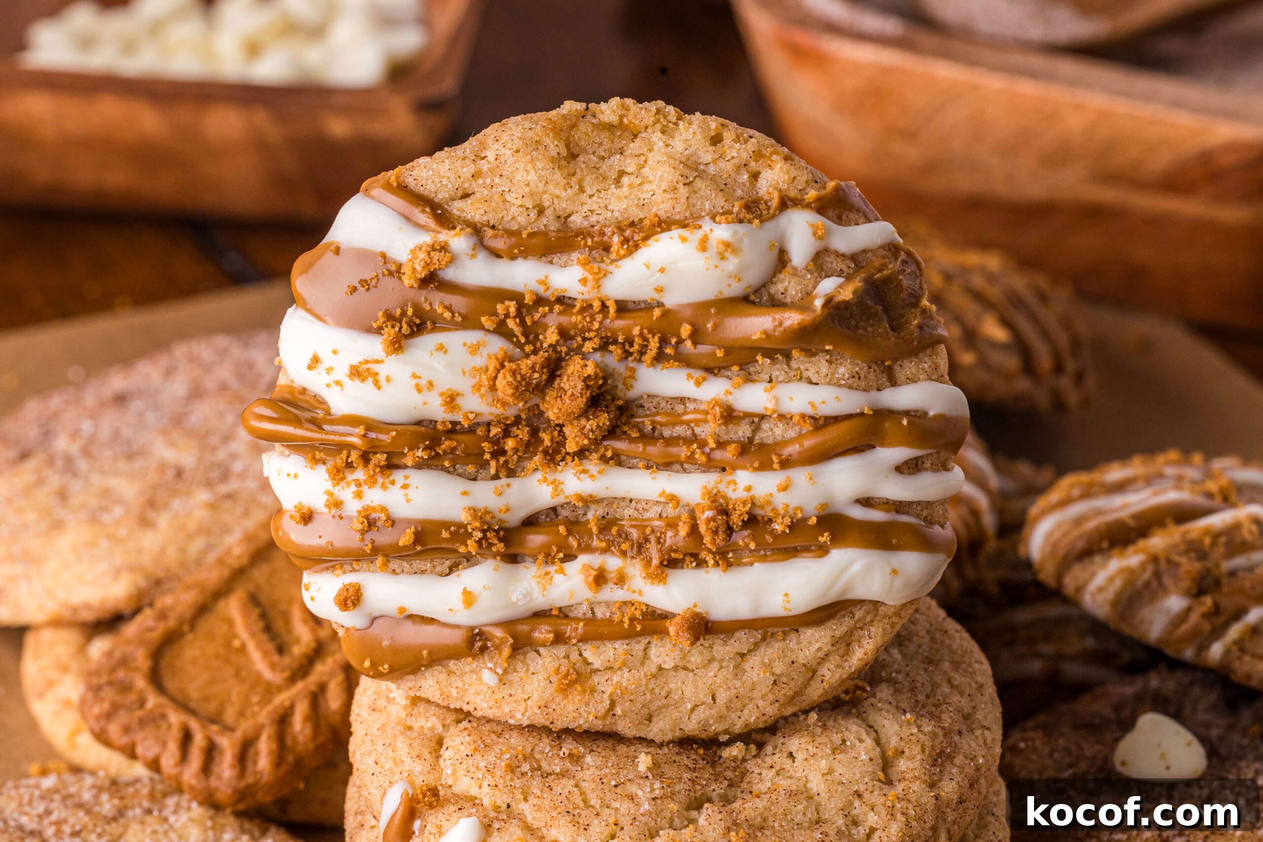 close up of Biscoff Snickerdoodle Cookies stacked 