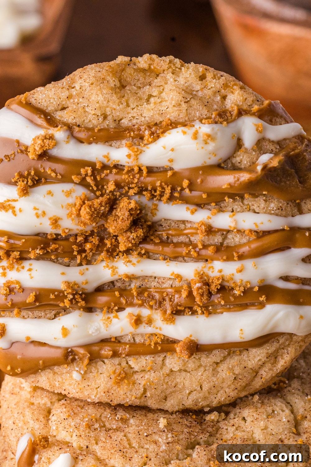 close up of Biscoff Snickerdoodle Cookies on wooden table 