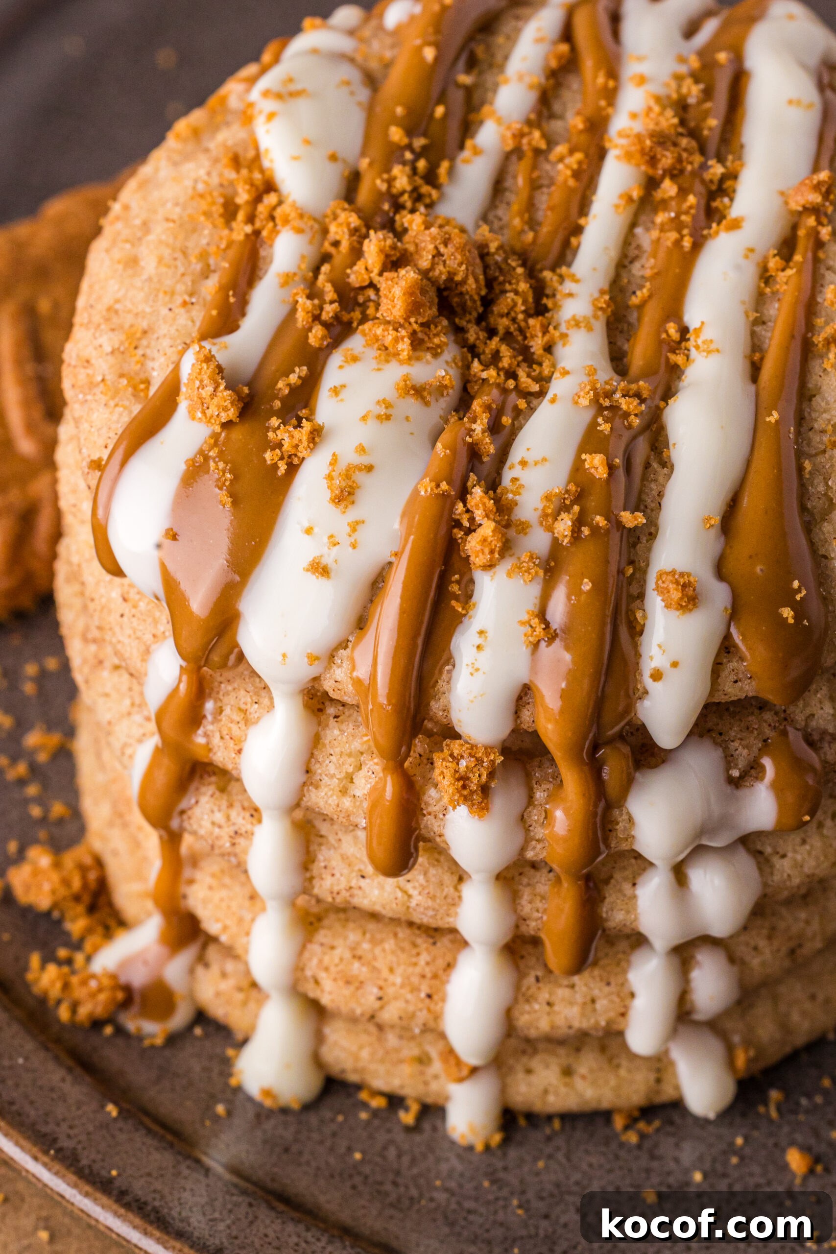 Biscoff Snickerdoodle Cookies stacked on top of eachother 