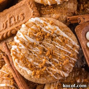 Biscoff Snickerdoodle Cookies stacked on top of one another with a Biscoff cookie to the side and white chocolate chips in a bowl