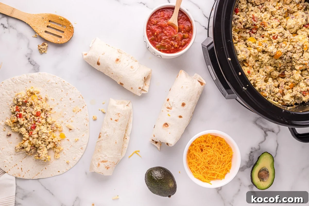 Make-Ahead Slow Cooker Breakfast Burritos for Busy Mornings 6 how to assemble breakfast burritos with tortillas and filling