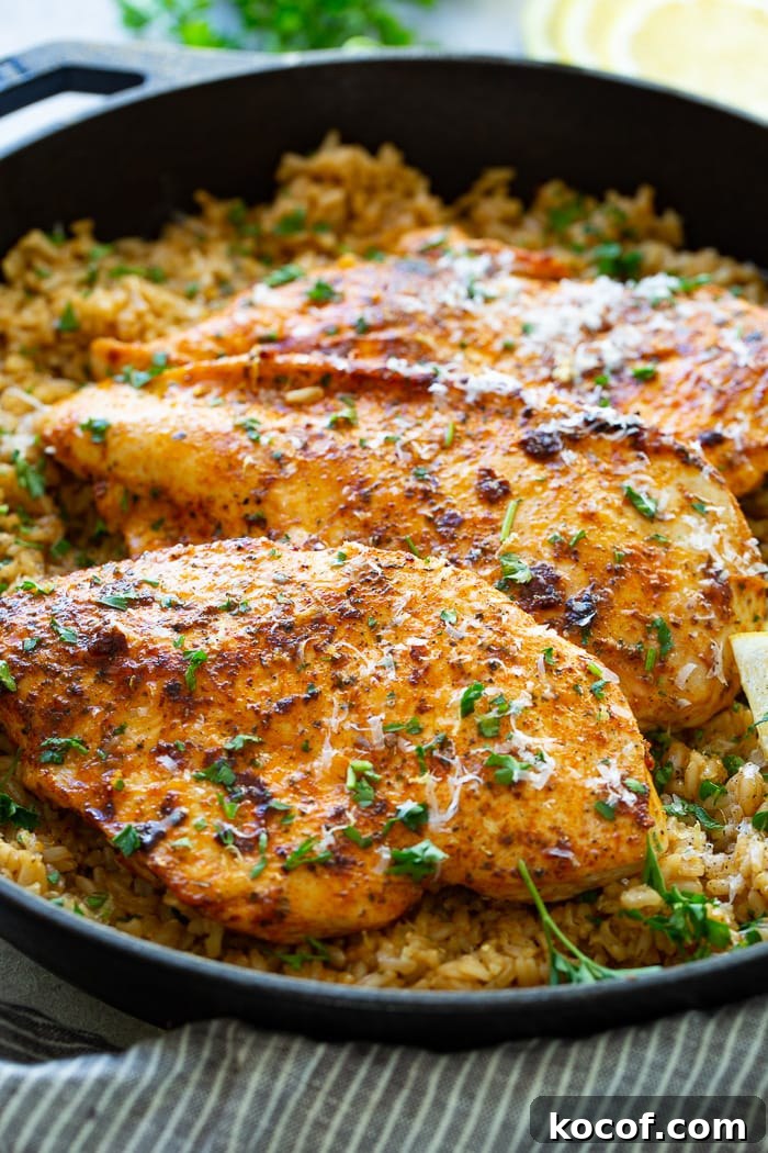 a cast iron pan full of simple garlic butter chicken with lemon rice
