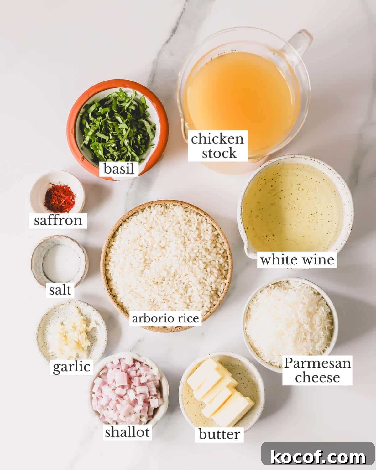 Ingredients needed to make saffron risotto.