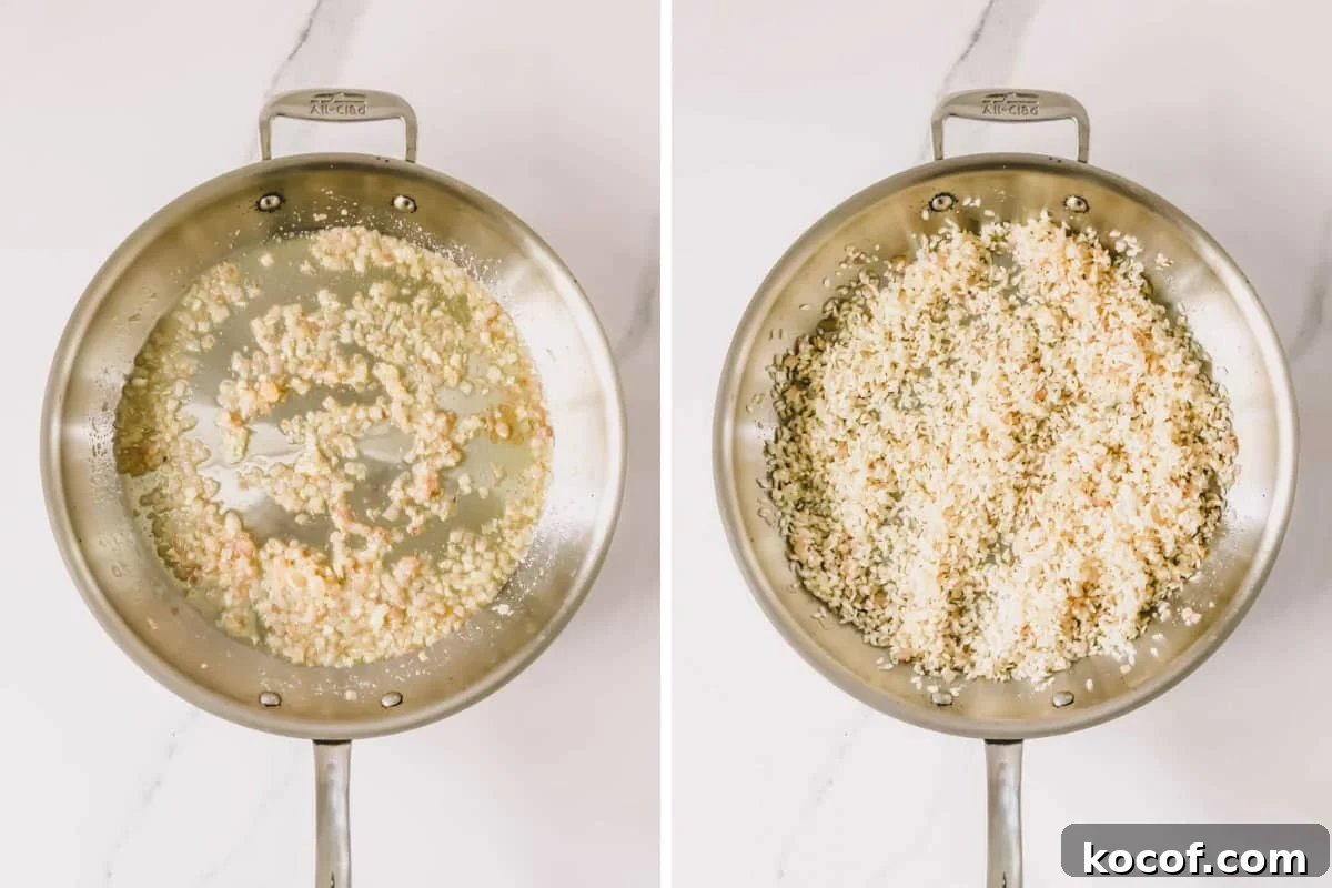 Garlic sautéing in broth and butter in a pan on the left, and risotto in the pan with the garlic on the right.