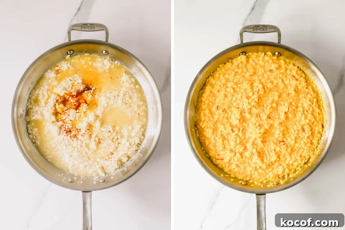 Uncooked saffron risotto in a pan on the left and cooked yellow saffron risotto in the pan on the right.