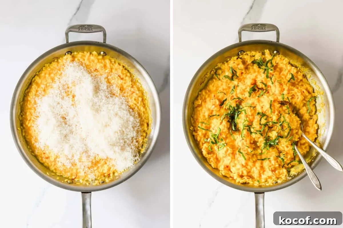 Parmesan cheese on top of saffron risotto in a pan, and saffron risotto topped with herbs and serving spoons on the right.
