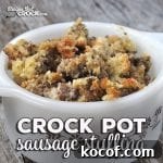 This Crock Pot Sausage Stuffing recipe is super easy to throw together and the spices in the sausage mix perfectly with the stuffing seasoning to give you an amazing dish!